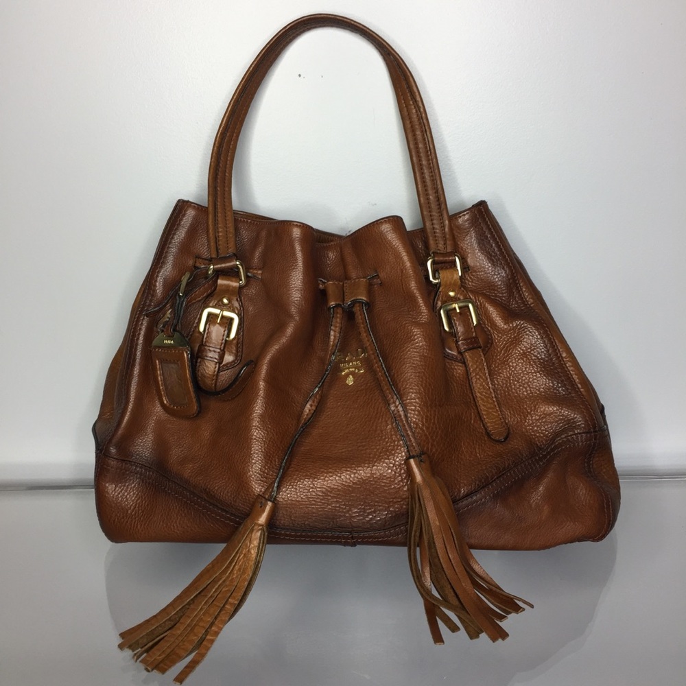 PRADA Tassel Drawstring Brown Leather Tote